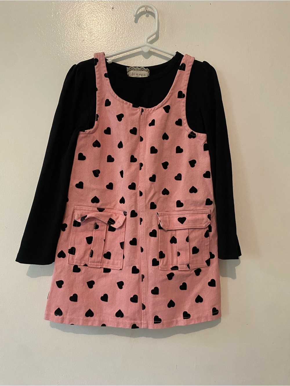 Btween Pink Dress with Black Heart Pattern